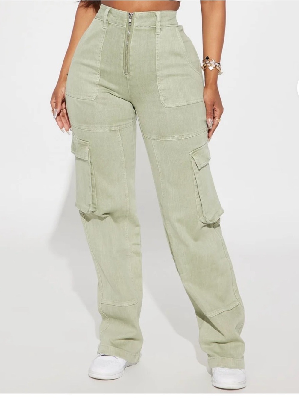 Fashion Nova Sage Green Cargo High-Waist Jeans
